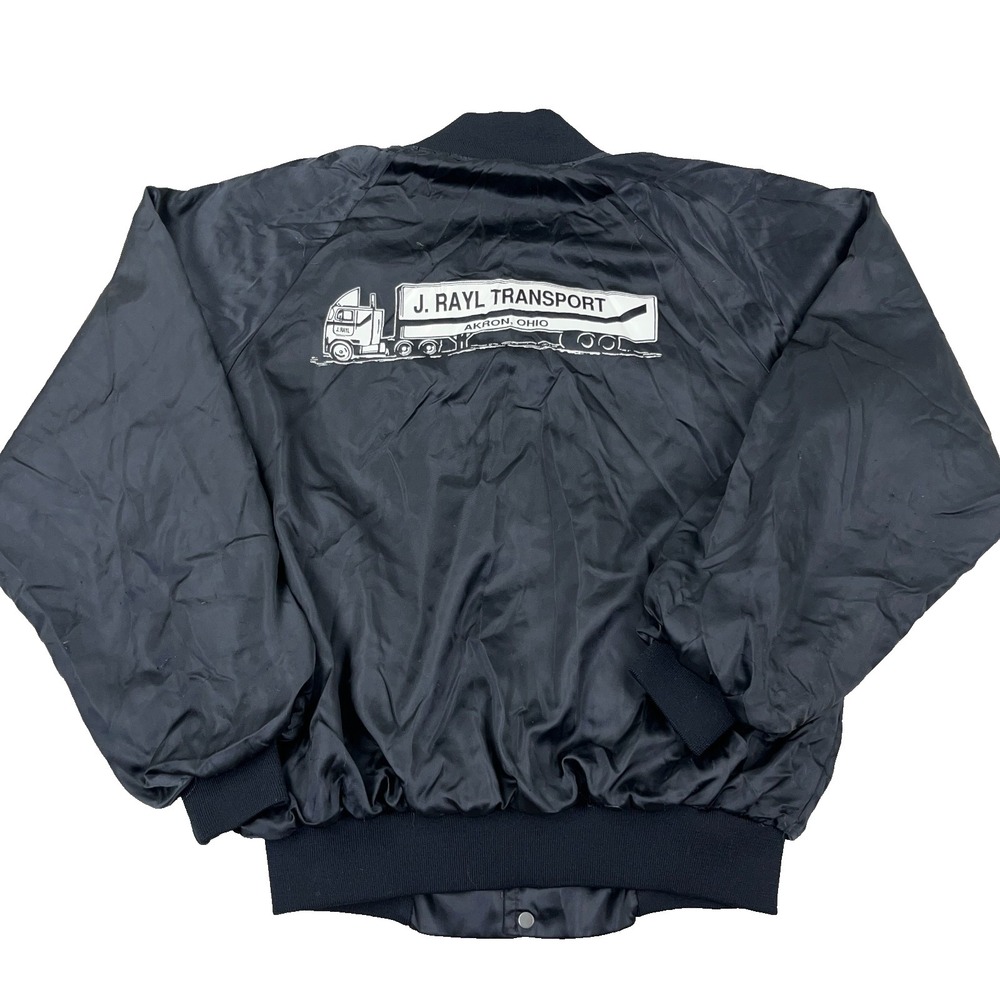 Vintage Satin Jacket Men Large Black White Bomber USA 80s 90s Trucking J Rayl